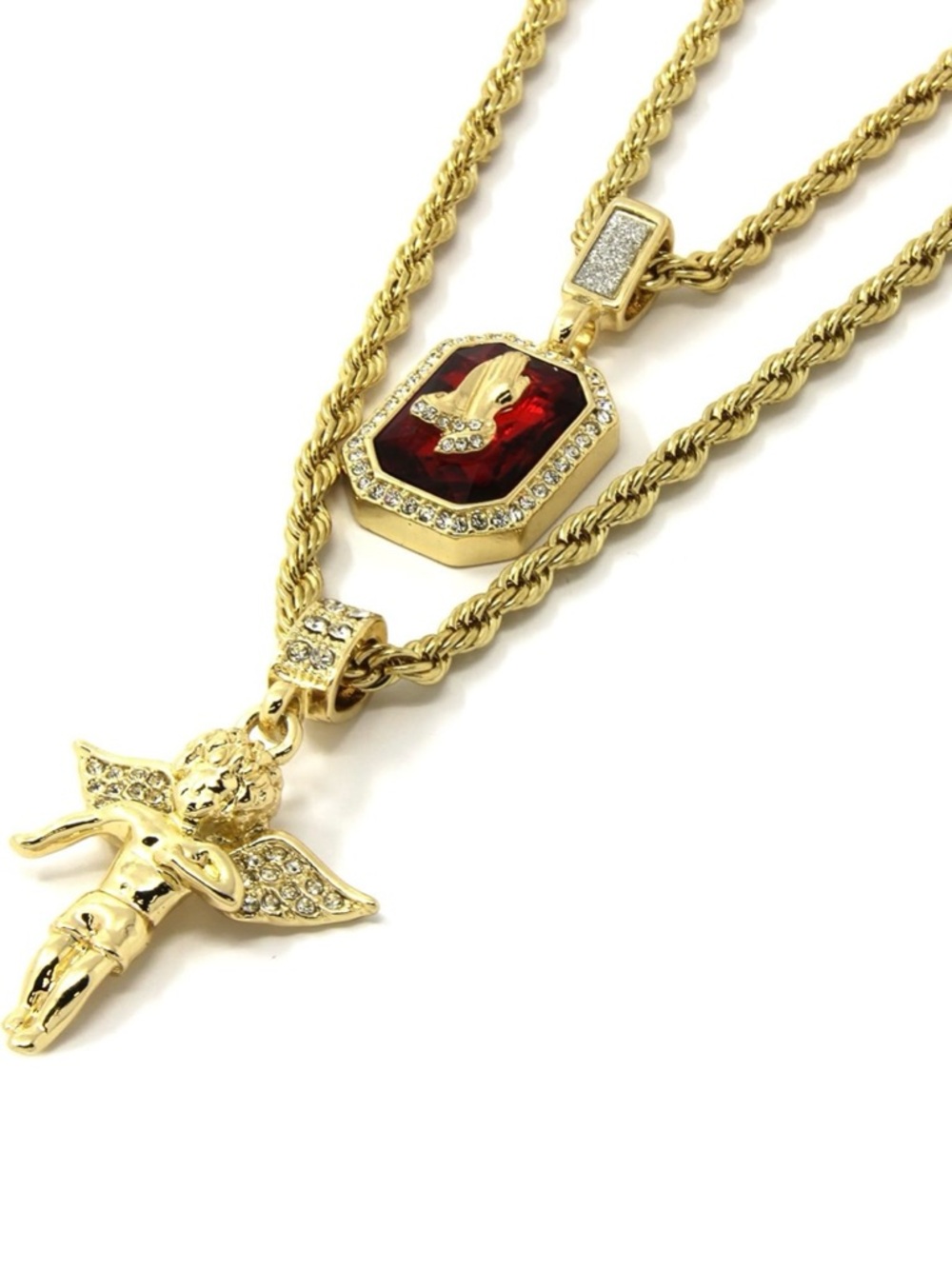 Gold Angel Pendant Layered Necklace with Red Gem Accent